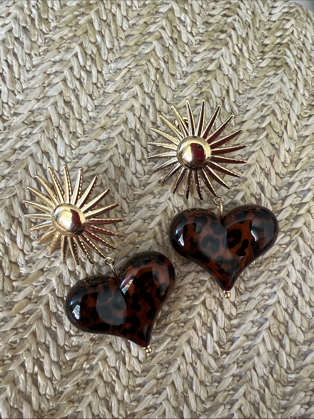 Gold Sunburst Earrings with Tortoiseshell Heart Drops